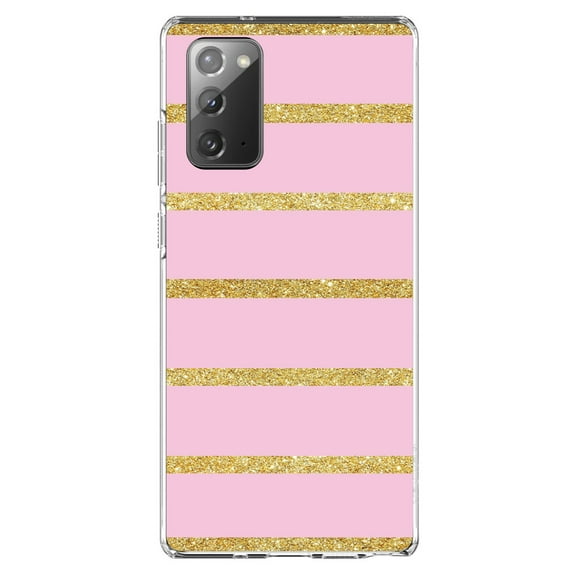 DistinctInk Clear Shockproof Hybrid Case for Samsung Galaxy Note 20 (6.7" Screen) - TPU Bumper, Acrylic Back, Tempered Glass Screen Protector - Pink & Gold Print - Horizontal Stripes Pattern
