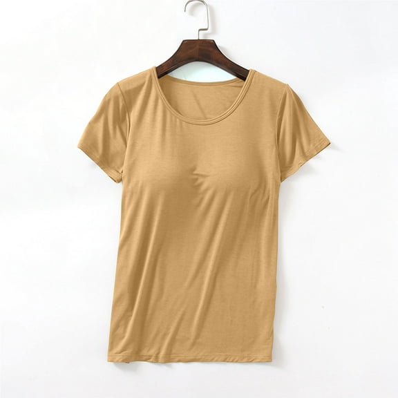 Alkepwun T Shirts for Women with Built in Bra Wirefree Yoga Pajama Top Short Sleeve Tshirts Basic Undershirt Crew Neck Summer Casual Tops