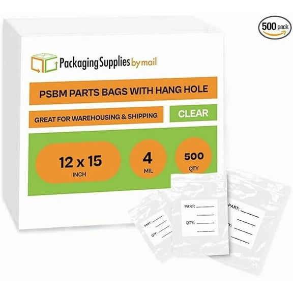 PSBM Parts Bag with Hang Hole 12" x 15" 4 Mil with Write-On Lable Resealable Bags for Hardware Use 500 Pcs