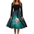 thumbnail image 4 of Women's Halloween Dress Bat Printed Long Sleeve Funny Swing Dress Skeleton 1950s Square Neckline Vintage Dresses with Belt XL, 4 of 5