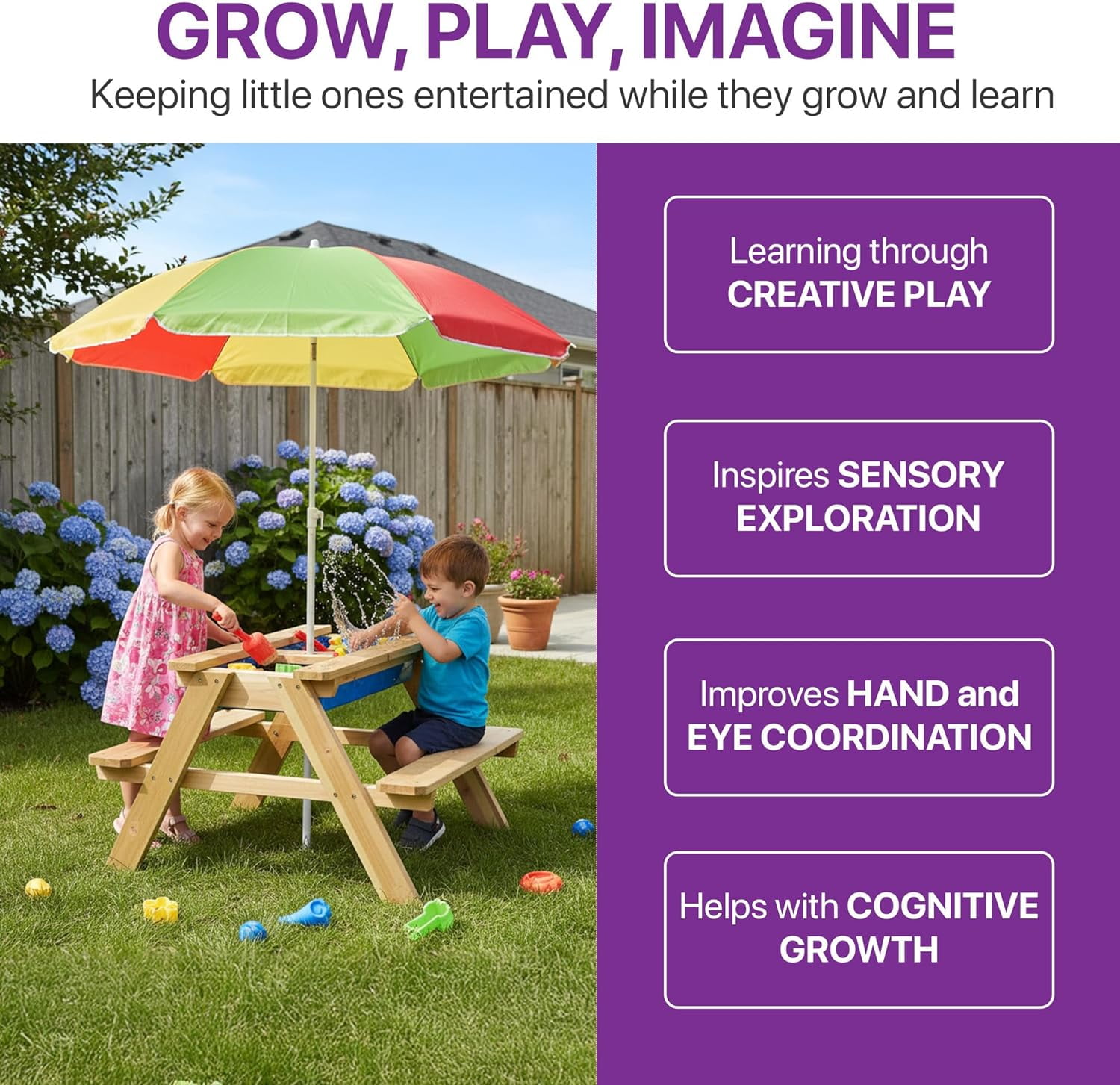 Plum® Surfside Wooden Sand and Water Table with Umbrella - Outdoor Kids Picnic Table with Adjustable Parasol and Removable Tabletop, Toddler Sensory Toys, Sturdy, Weatherproof, Easy to Clean, Ages 2+