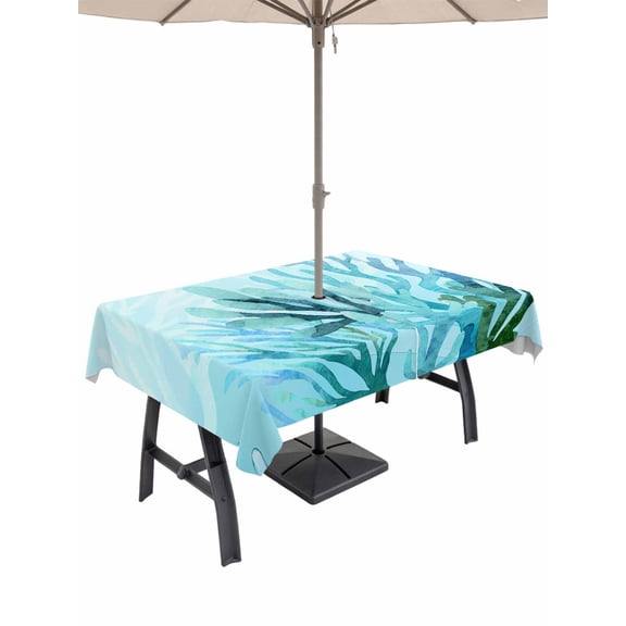 Outdoor Tablecloth with Umbrella Hole for Patio/Picnic/Party/Camping, Teal Blue Corals Waterproof Table Cloth Rectangle Table Cover Washable, Summer Modern Coastal Ocean Sea (60"x 120")