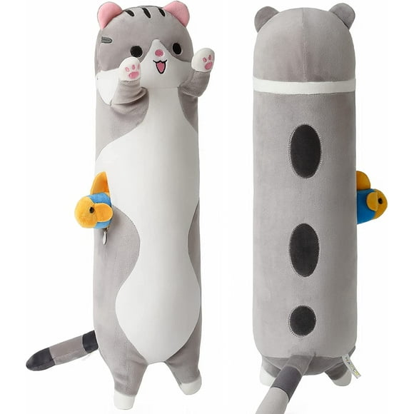 PEACHCAT Long Coussin en Peluche Chat Mignon Coussin de Corps Chaton avec Jouet en Peluche Poisson Kawaii Animal en Peluche pour Filles et Garçons Gris 19,6 Pouces