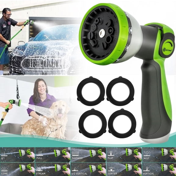 Genreen Garden Hose Nozzle Sprayer- 10 Spray Patterns ,  Thumb Control On Off Valve, Durable Water Nozzle, Extra 4 Washers, for Watering Garden, Cleaning, Washing Car, Showering Pets Lawngreen