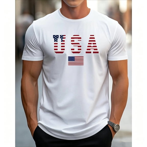 [100% Cotton] Men's Patriotic USA Flag Print Cotton T-Shirt -  Cotton Crew Neck Short Sleeve, Slight Stretch Knit Fabric, Regular Fit All-Season Comfort