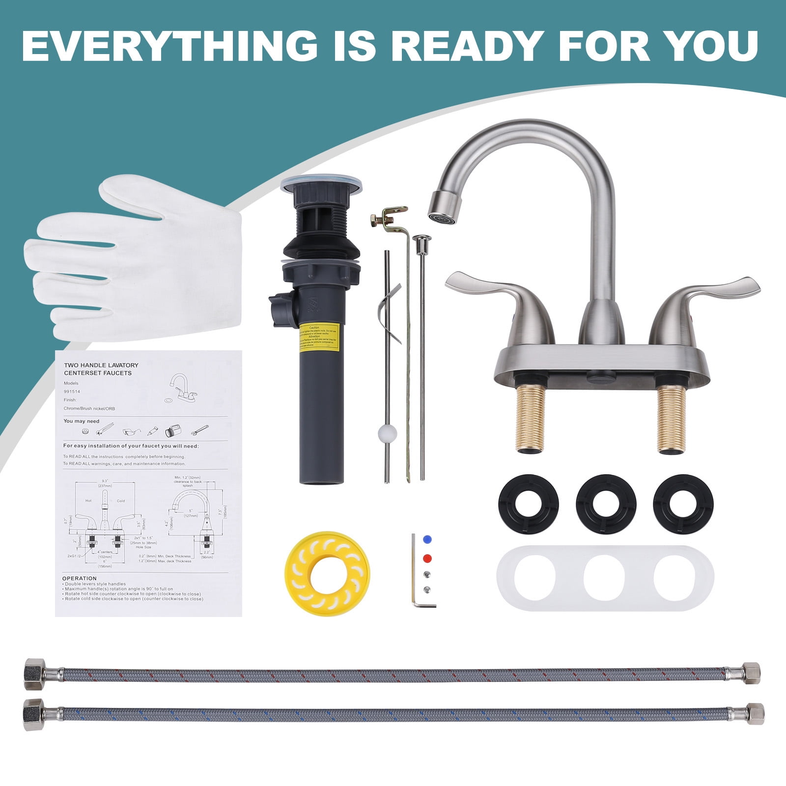 WOWOW 2 Handle Modern Bathroom Faucet Brushed Nickel, 4 Inch Centerset Bathroom Faucet with Drain Assembly and Supply Hoses, 3 Holes Faucet for Bathroom Sink