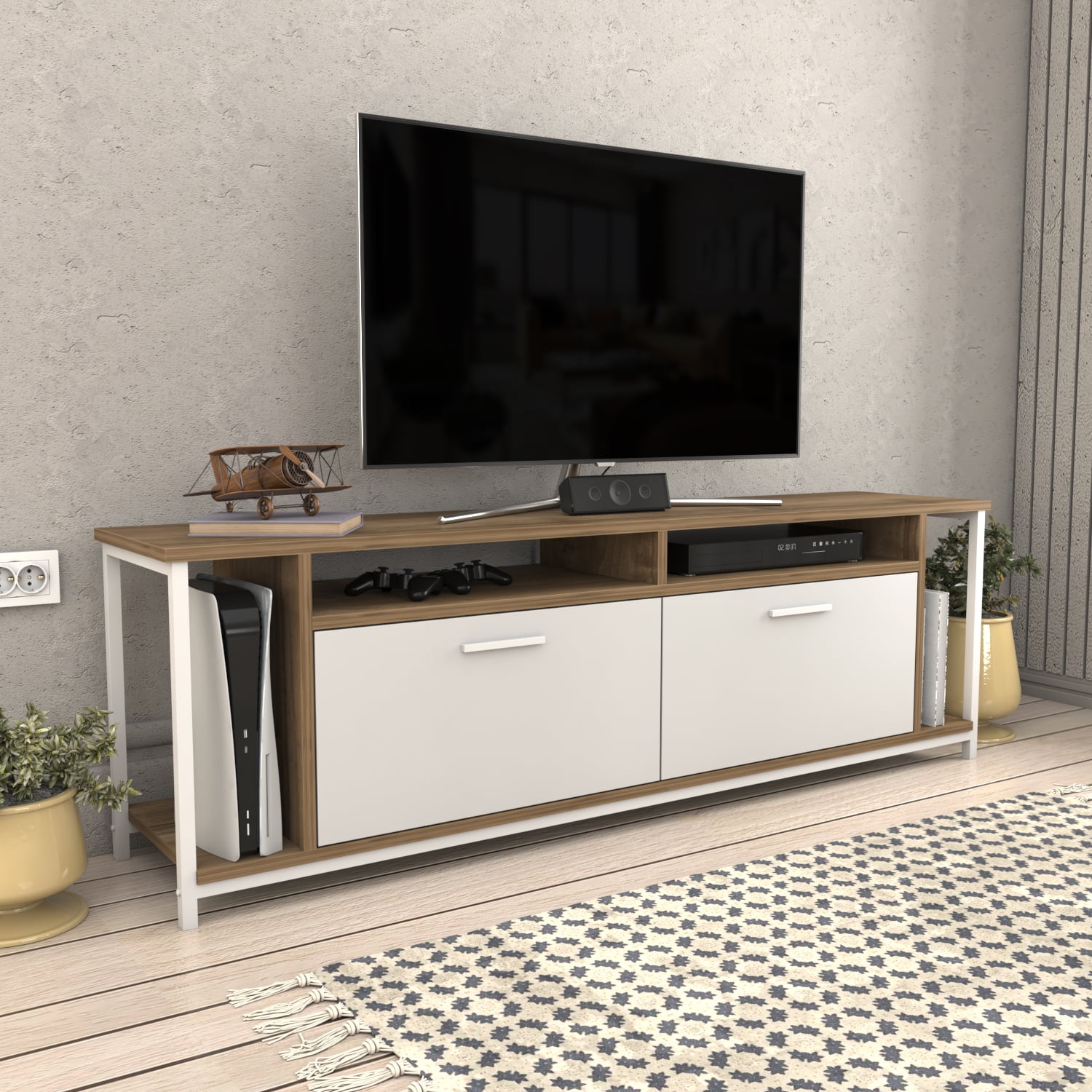 Omar 63 inch TV Stand Console Table for up to 70 inch TVs Walnut