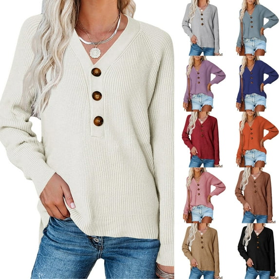 Vera Natura Womens Button Down Knitted Pullover Henley V Neck Sweaters Fall Long Sleeves Sweater
