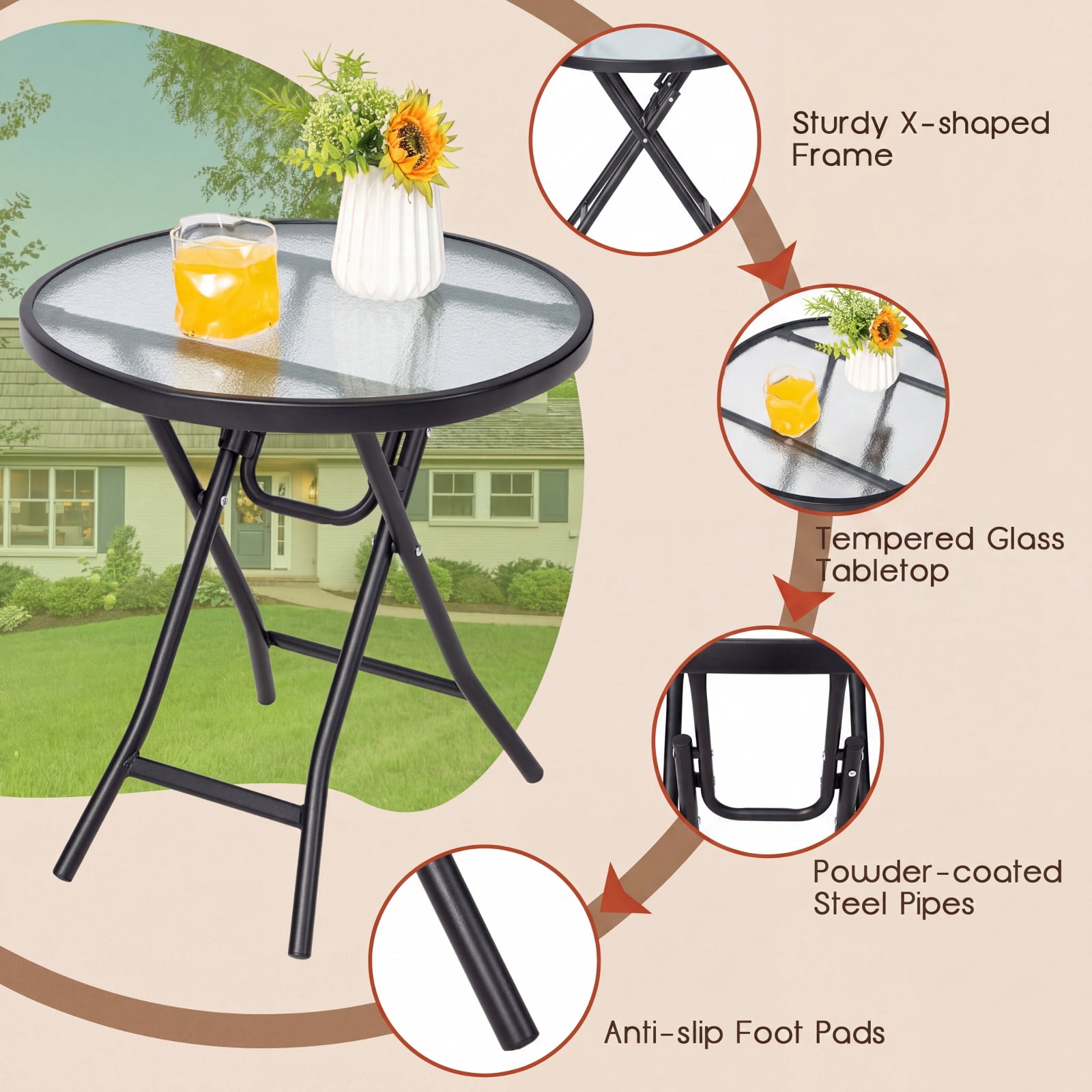 Furnibear Folding Patio Side Table with Tempered Glass Tabletop and Steel X Frame for Backyard Garden Poolside and Balcony, Black