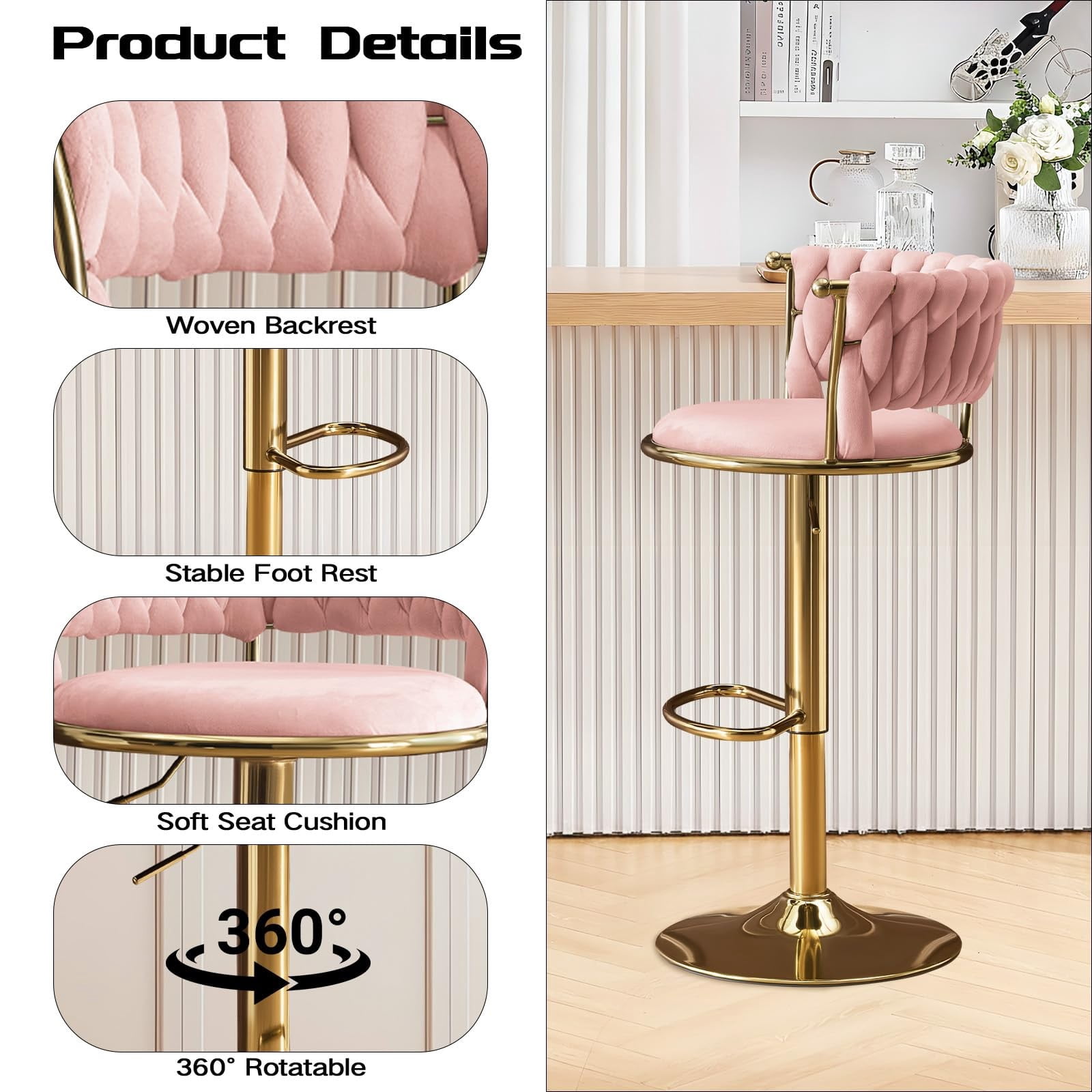 Set of 2 360° Swivel Velvet Bar Stools, Adjustable Counter Height Bar Chairs with Gold Metal Base & Low Back, Modern Kitchen Island Barstools for Dining Room & Pub, Pink
