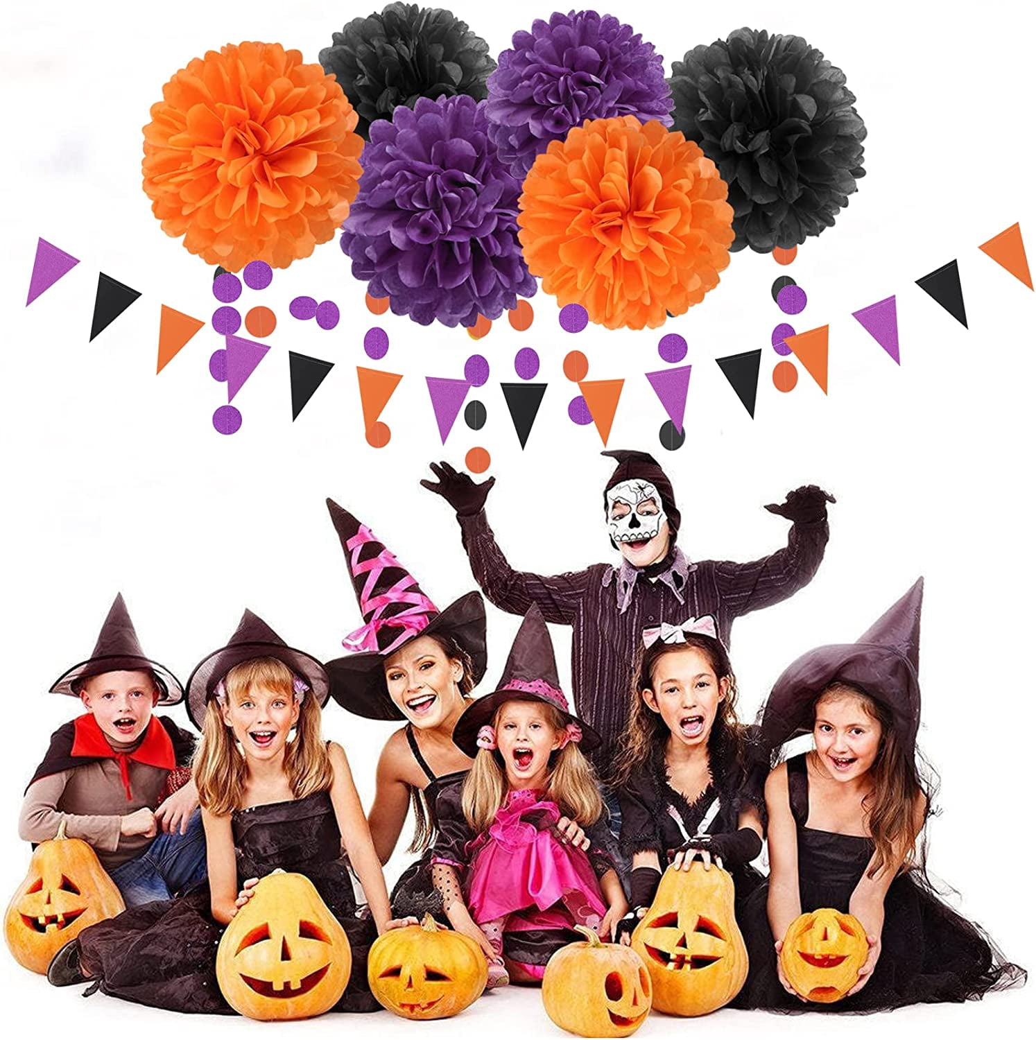 Black Purple Orange Halloween Party-Decorations - 23pcs Tissue Pom Poms Streamers,Tassel Garland Banner,Graduation 2025 Birthday Wedding Baby Bridal Shower Decor Bunting