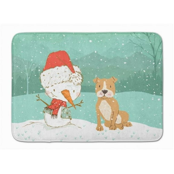 Brown Staffie Snowman Christmas Machine Washable Memory Foam Mat