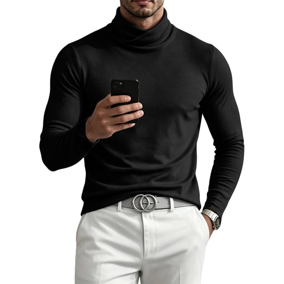 Vxararl Soft Stretch Cotton Blend Turtleneck Men Basic Slim Fit Pullover Sweater Tees Fall and Winter Fashion Warm Sweater Solid Long Sleeve Shirts Sweaters for Men Black M