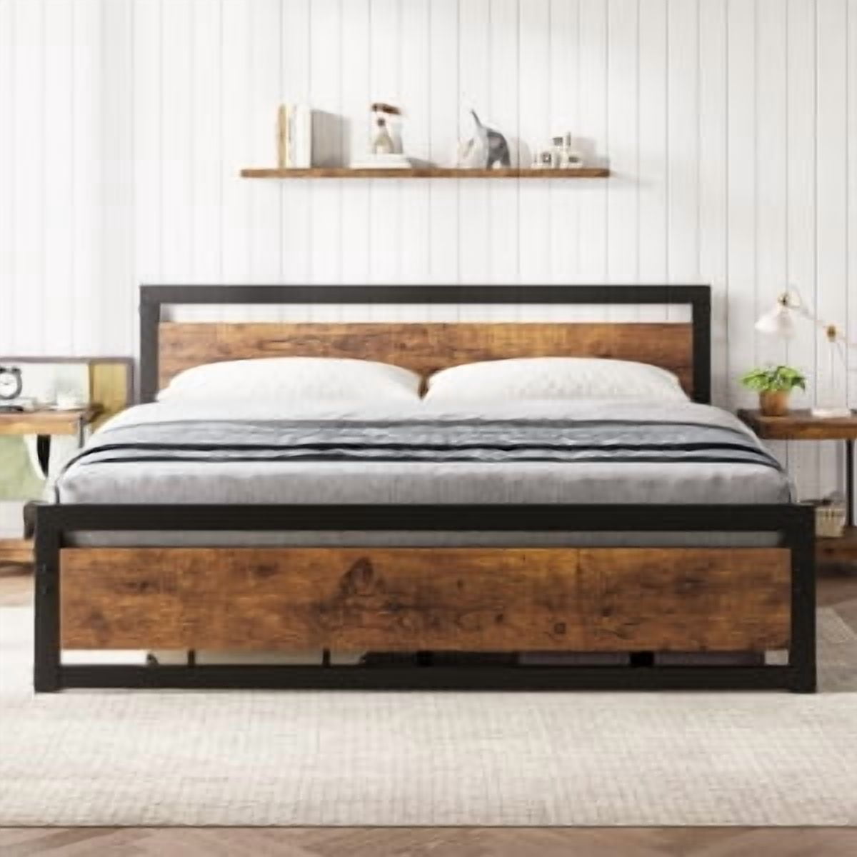 Historyli Bed Frame, King Size, 14 Inch, Industrial, with Headboard, No Box Spring Needed, Retro Brown