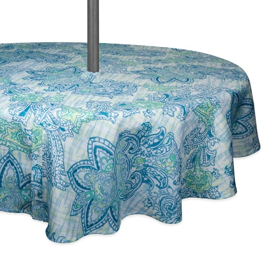 Contemporary Home Living Zippered Floral Paisley Round Outdoor Tablecloth - 60" - White and Blue