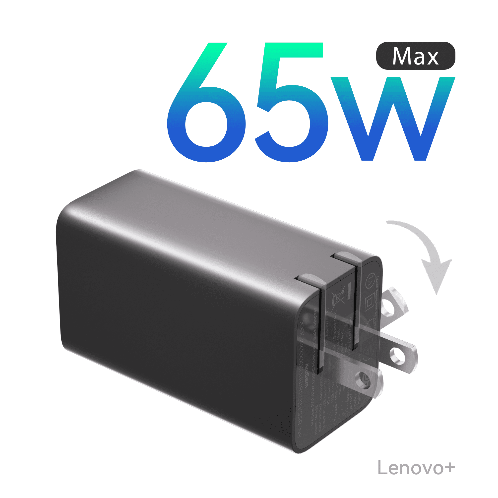 Wegear 65W USB-C Multi-Port GaN Charger Foldable Wall Charger, Fast Charging with Type C Cable, Black