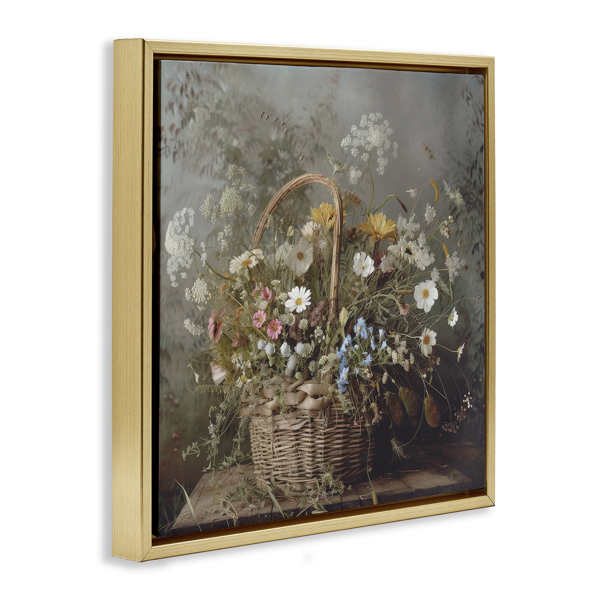 Stupell Industries Rustic Basket with Flowers Gold Framed Floater Canvas Wall Art, design by Lazar Studio