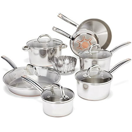 T-fal C836SD Ultimate Stainless Steel Copper-Bottom Heavy Gauge Multi-Layer Base Cookware Set, 13-Piece, (Best Copper Bottom Cookware)
