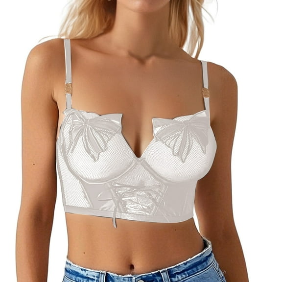 khonts,Women's Underwire Push up Bustier Spaghetti Strap Lace Sheer Corset Sexy Trendy Plunge Bralettes White 38