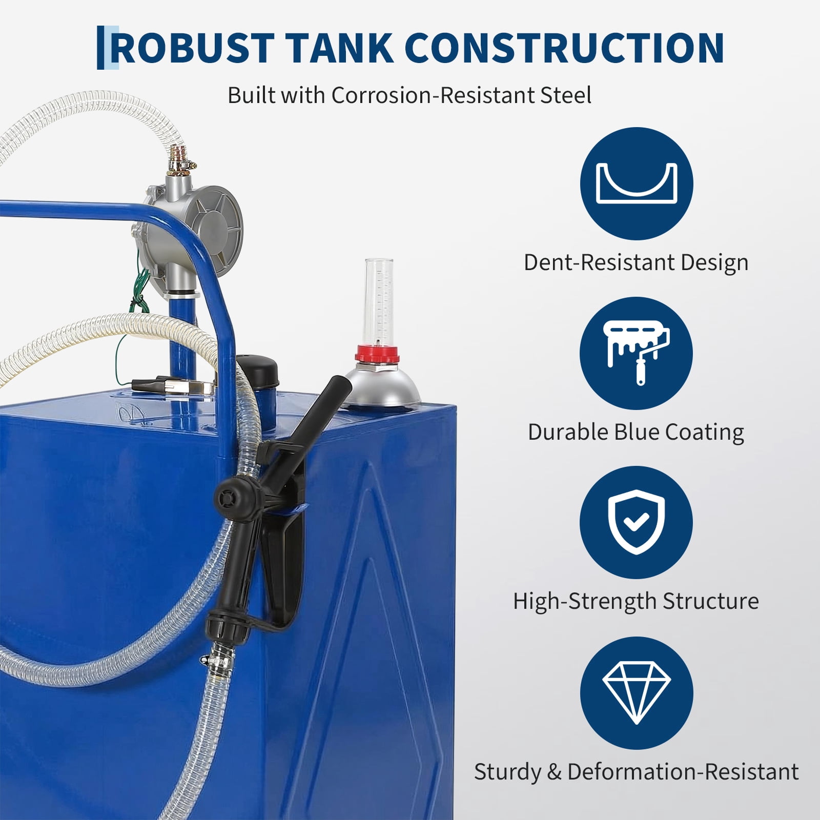 Garvee 35 Gallon Fuel Gas Caddy Storage Tank,Portable Fuel Transfer Tank with Smooth-Rolling Wheels, Manual Hand Crank Transfer Pump,Blue