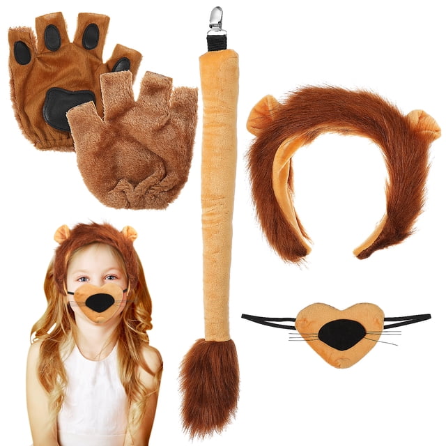 FELTECHELECTR 1 juego de accesorios para disfraz de león, diadema con orejas de león, guantes con forma de pata, cola de león, accesorio para nariz, disfraz de Halloween para cosplay.