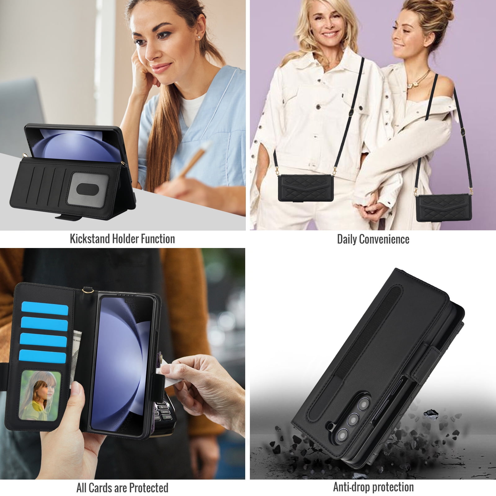 Dteck for Samsung Galaxy Z Fold 3 Wallet Case with S Pen Holder for Women, Crossbody Wallet Z Fold 3 Phone Case with 12-Card Slots, PU Leather Flip Case with Strap Wristlet & Shoulder Strap,Black