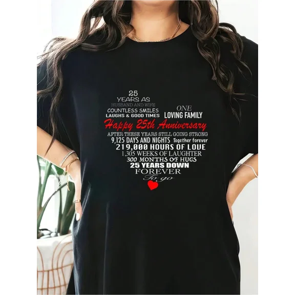 Happy 25th Wedding Anniversary T-Shirt for Husband and Wife, Romantic Silver Anniversary Heart Graphic Tee, 25 Years of Marriage Celebration Shirt, Cute Couple Gift Idea