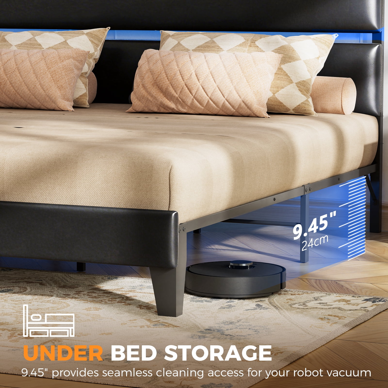 LUCKLIFE Queen Metal Bed Frame with Pu Upholstered Headboard, No Box Spring Needed Noise Free, Black