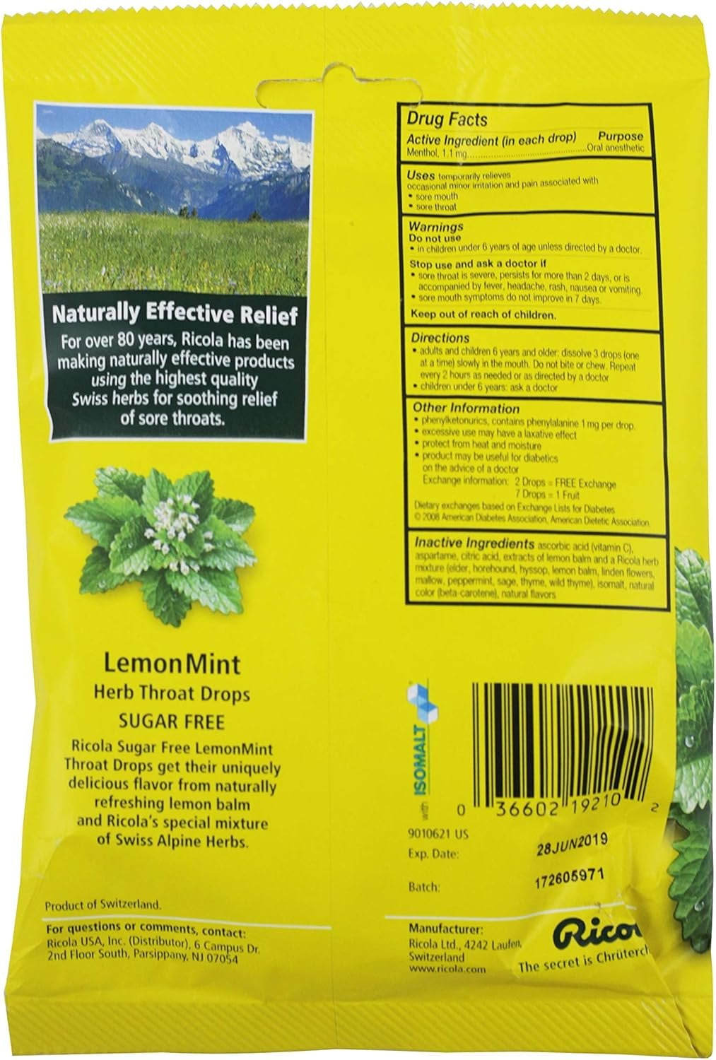 Ricola - Cough Drop Sugar Free Lemon Mint - Case Of 8-19 Ct