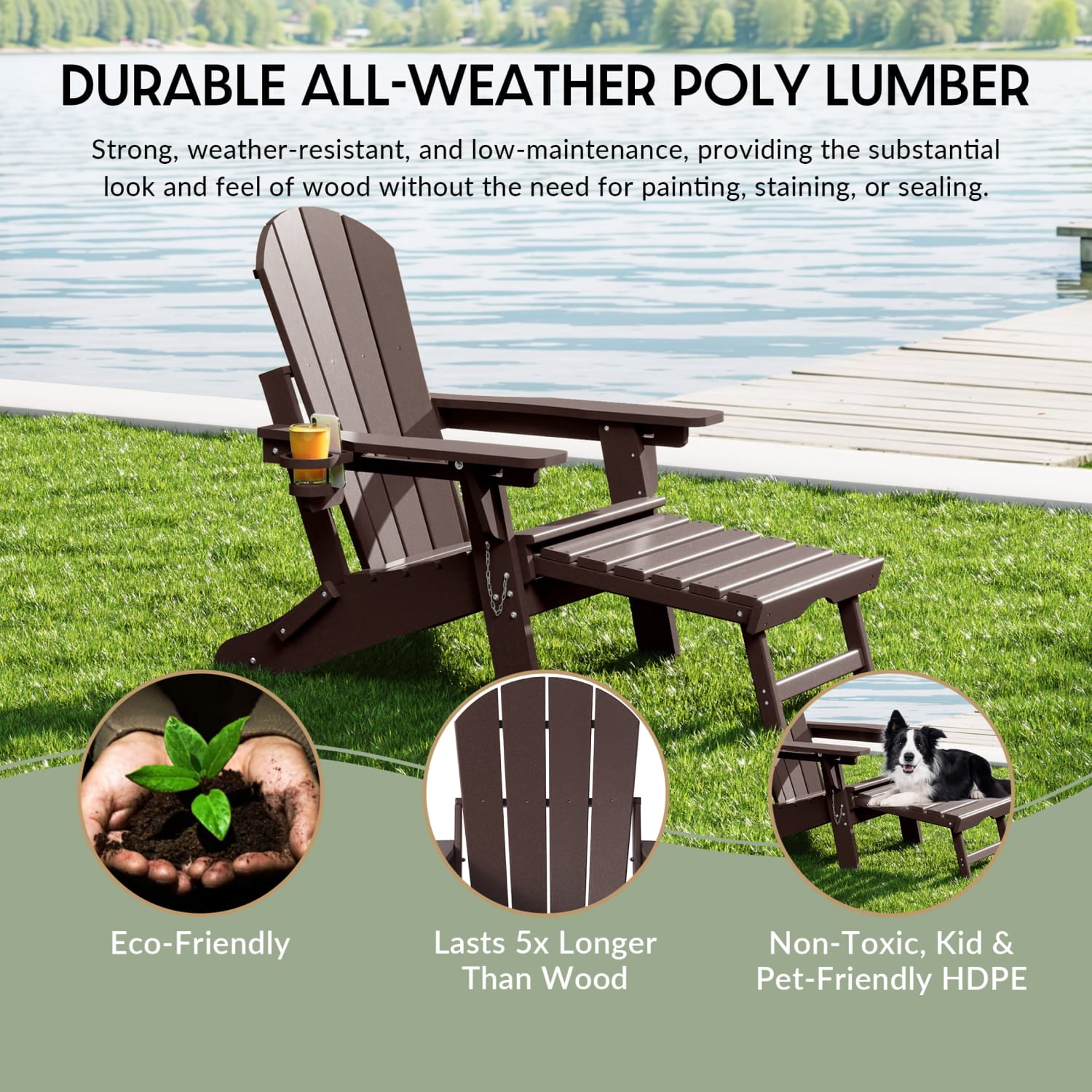 WestinTrends Malibu Folding Adjustable Adirondack Chair with Retractable Ottoman and Cup Holder, Dark Brown