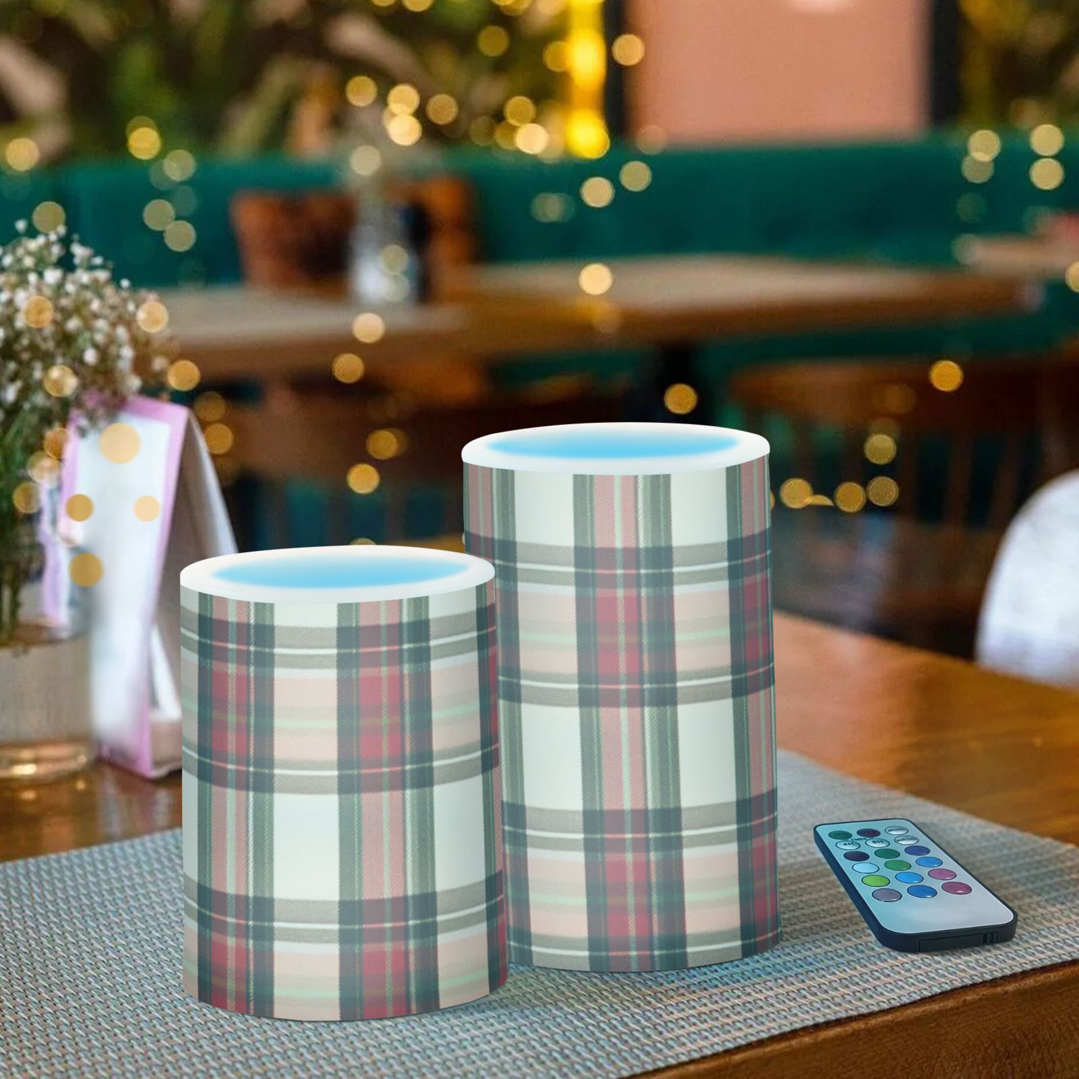 Plaid Pattern with Mixture Colors Flickering Flameless Candles LED Tealight Battery Operated with Remote Set of 2 Holiday Decor Ornaments
