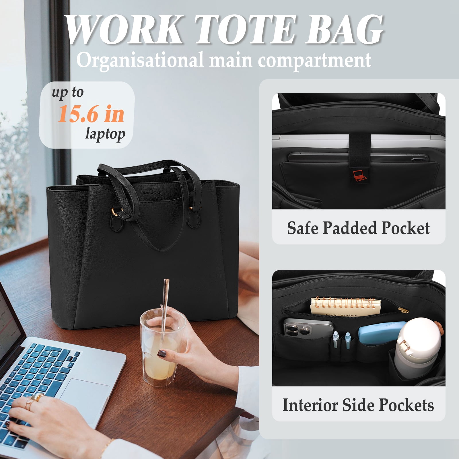 RAINSMORE Laptop Bag for Women 15.6 Inch Work Tote Bags Waterproof Computer Bags Leather Professional Laptop Purse Womens Laptop Briefcase Large Handbag for Office Teacher Travel