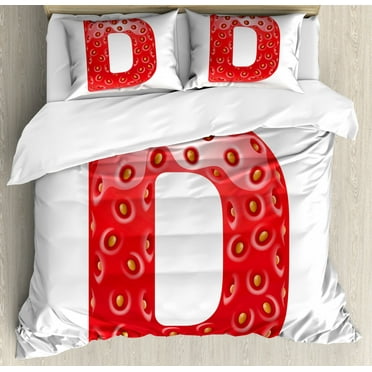 Letter D Duvet Cover Set Queen Size, Capital D Letter with Ripe Strawberry Design Green Vivid Leaves Diet, Decorative 3 Piece Bedding Set with 2 Pillow Shams, Vermilion Green Orange, by Ambesonne