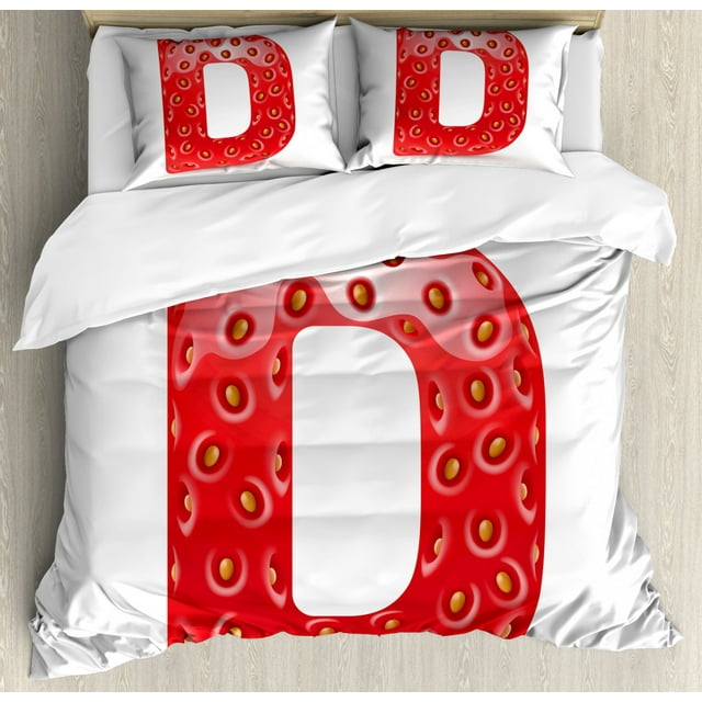 Letter D Duvet Cover Set King Size, Capital D Letter with Ripe Strawberry Design Green Vivid Leaves Diet, Decorative 3 Piece Bedding Set with 2 Pillow Shams, Vermilion Green Orange, by Ambesonne