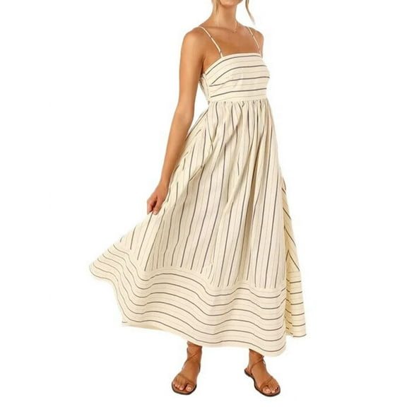 Gdvsclr Women'S Striped Back Smocked Maxi Dress Spaghetti Strap Cut Out Flowy Swing Long Dress S