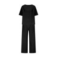thumbnail image 4 of 2 Piece Linen Set for Women, Solid Color Short Sleeve Tops and Wide Leg Pants Button Suits Beach Vacation Outfits with Pockets Womens Spring Outfits Black XXL, 4 of 7