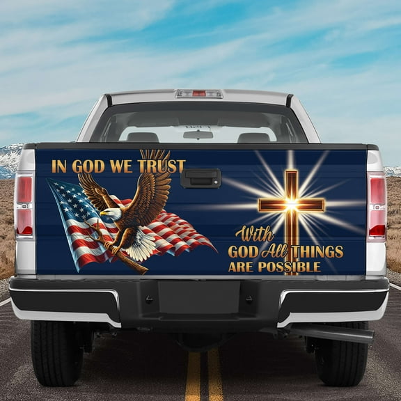 Lotusprinthandmade Christian God America Flag Eagle Tailgate Wrap 2 Sizes (24"x58"), patriotic religious truck wrap, faith themed tailgate cover