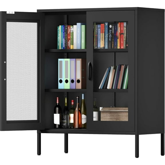 Black Metal Storage Cabinet with Mesh Doors, Small Office Storage Cabinet with 2 Adjustable Shelves, Accent Metal Locker Storage Cabinet for Home, Office, Living Room, Hallway