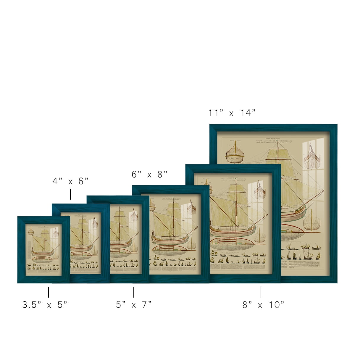 Antique Ship Plan I -Framed Print w/glass-Ocean Blue