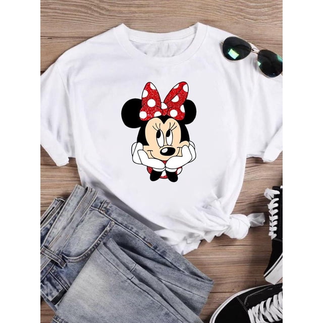 Disney Cartoon Clothing Casual Tee Shirt Mickey Mouse Women Holiday Summer Short Sleeve Print Fashion Graphic T-shirtsXL Gao Jinjia LED