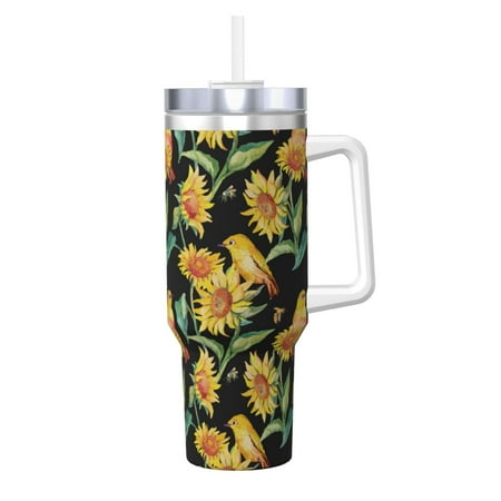 

Cauagu Sunflowers And Bird Print Stainless Steel Vacuum Insulated Tumbler 40oz Water Bottle with Handle & Flip Straw Reusable Travel Coffee Mug for Women & Men