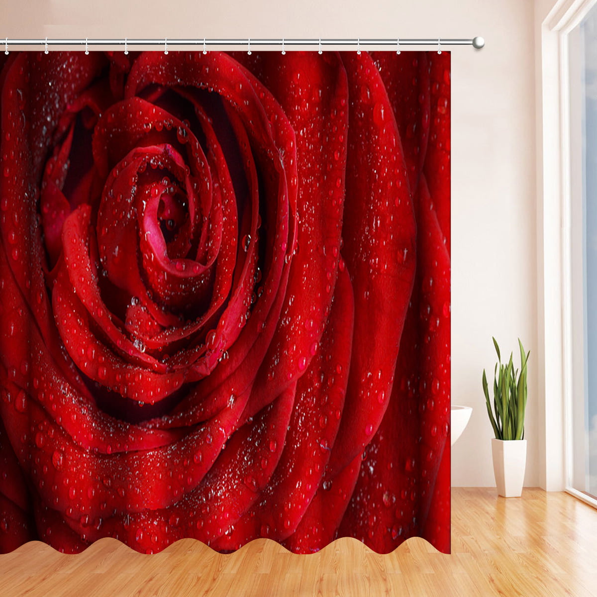 Polyester Fabric Shower Curtain Liner Red Rose Flower Black Background 71x71" 