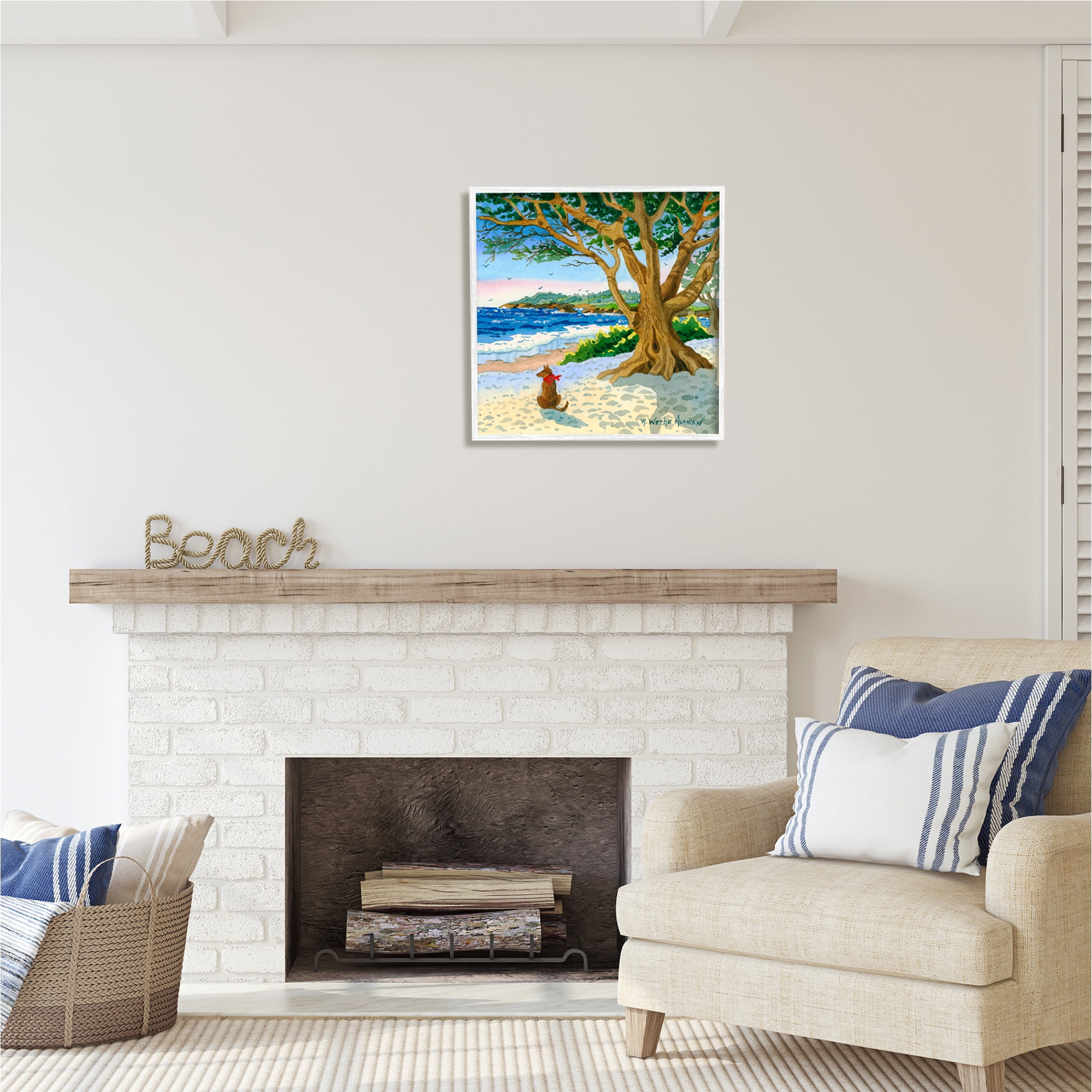 Stupell Industries Dog On Beach Painting Nature Painting White Framed Art Print Wall Art, 24 x 24