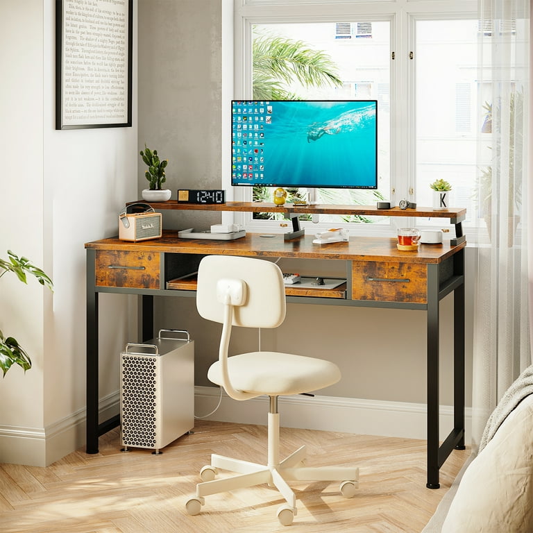 ODK Office Small Computer Desk: Home Table with Fabric Drawers & Storage  Shelves, Modern Writing Desk, White, 48x16