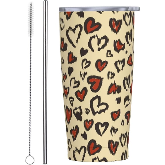 Heart Leopard Tumbler,Leopard 20oz Stainless Steel Insulated Travel Tumblers,Travel Coffee Mug with Lid and Straw Water Bottle Drink Tumbler Cups Gifts for Women Men Lovers