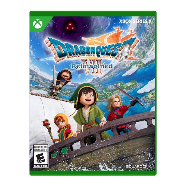 Dragon Quest VII Reimagined Xbox Series X game cover featuring four animated characters on a wooden sailing ship exploring a vibrant, curved fantasy world with green islands and blue skies, with the game title and Xbox Series X logo visible.