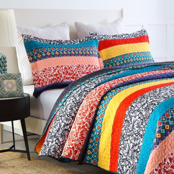 3 Pcs Boho Style Quilt Set Reversible Bohemian Strip Quilt Beddding Set, Soft and Lightweight Bedspread for All Season