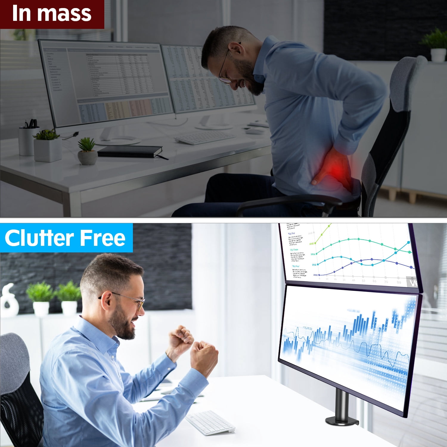 HOMOUNT Dual Monitor Stand, Vertical Monitor Desk Mount for 2 Max 32 inch Stack Screen Monitors, Height Adjustable, Swivel, Tilt, up to 17.6lbs