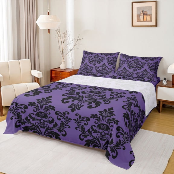 jejeloiu Spooky Skull Queen Sheets,Damask Pattern Queen Sheet Sets For Adults,Purple Black,4 Pieces,1 Flat Sheet, 1 Fitted Sheet and 2 Pillowcases
