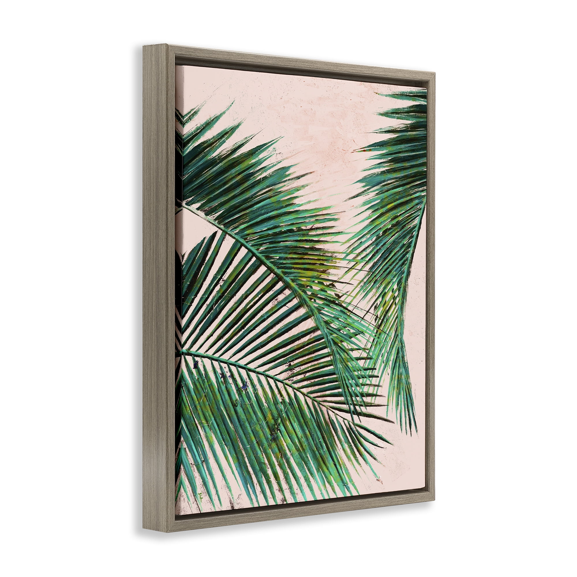 Stupell Industries Flowing Palms on Pink Botanical & Floral Painting Brown Floater Framed Canvas Art Print Wall Art, 17 x 21